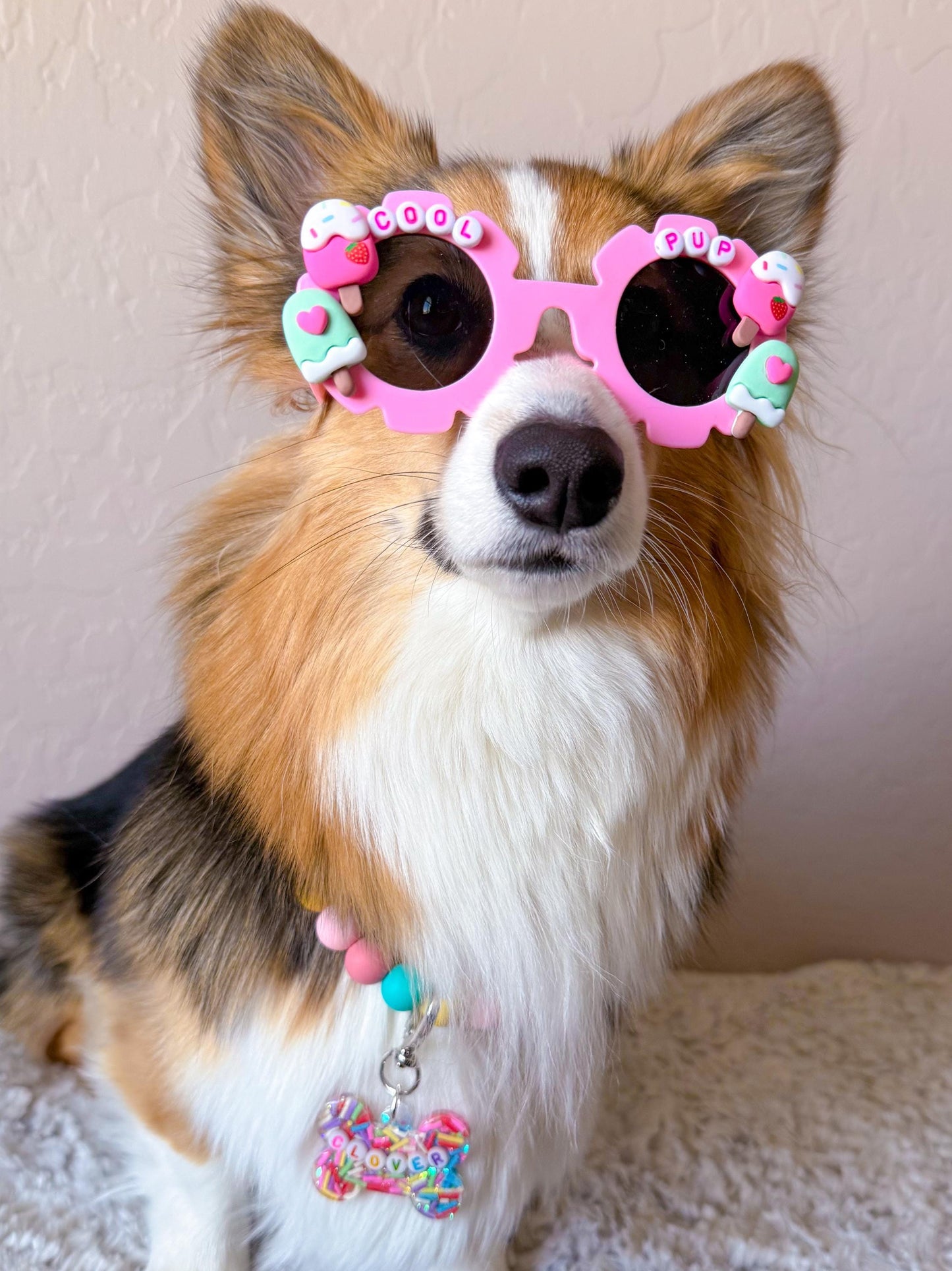 Pastel Pink Dog Sunglasses with Sprinkles & Charms