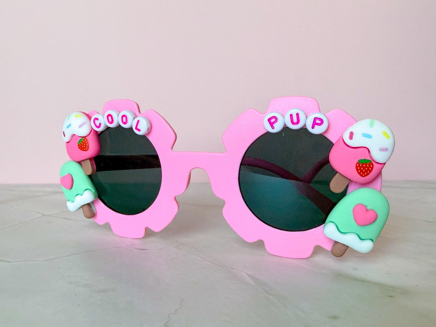 Pastel Pink Dog Sunglasses with Sprinkles & Charms