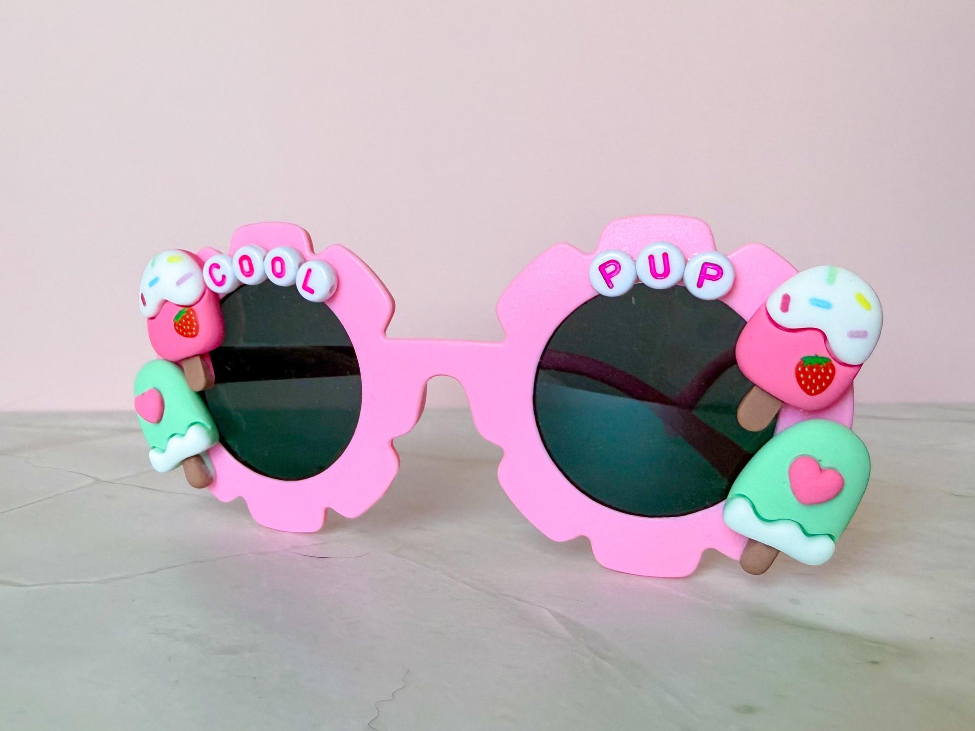 Pastel Pink Dog Sunglasses with Sprinkles & Charms